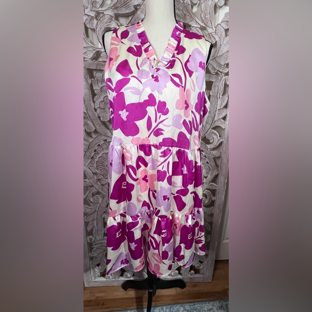 NWT Adrienne Cream and Pink Floral Silky Sleeveless Tiered Dress Sz L